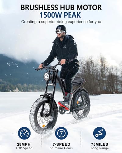 Riding'times 1500W Winter Moped Style Ebike, 20 Inch Fat Tire Electric Bike, Up to 28MPH & 75 Miles, 6-Layer Full Suspension, 15.6AH Removable Battery, Mountain Snow E Bike