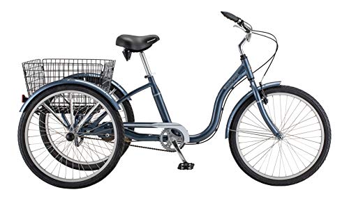 Schwinn Meridian Adult Tricycle Bike, Three Wheel Cruiser, 24-Inch Wheels, Low Step-Through Aluminum Frame, Adjustable Handlebars, Large Cruiser Seat, Rear Folding Basket, 1-Speed, Slate Blue