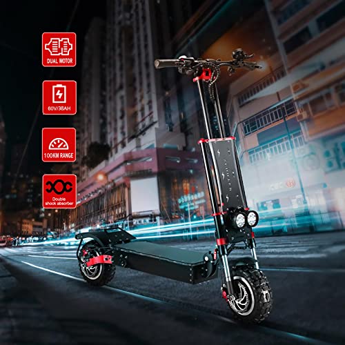 HWWH Electric Scooter for Adults Fast Off Road E Scooter Folding 3 Speed Modes Dual Motor Dual Suspension 2 wheels 11 In Vacuum Tires Disc Brake 60V 43Ah Lithium Battery 200kg Load