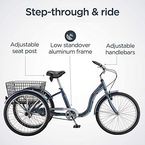 Schwinn Meridian Adult Tricycle Bike, Three Wheel Cruiser, 24-Inch Wheels, Low Step-Through Aluminum Frame, Adjustable Handlebars, Large Cruiser Seat, Rear Folding Basket, 1-Speed, Slate Blue