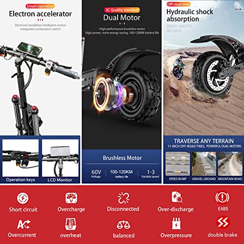 HWWH Offroad Electric Scooter Adult Fast Folding E Scooters High Power Dual Motor Twist Grip Throttle 11" All Terrain Tubeless Vacuum Tire Dual Suspension Disc Brake 60V 38Ah Lithium Battery