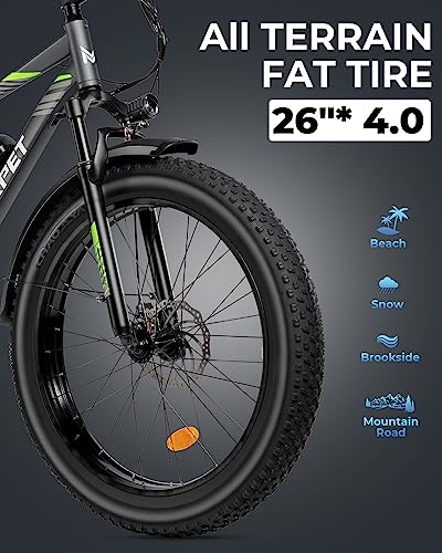 Mukkpet Suburban 750W Electric Bike for Adults 26'' * 4.0 All Terrain Tire Electric Mountain Bikes 48V 15AH BMS Removable Lithium Battery Electric Bicycle Shimano 7-Speed Electric Bike, Standard