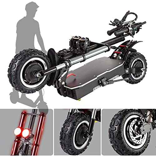 HWWH Offroad Electric Scooter Adult Fast Folding E Scooters High Power Dual Motor Twist Grip Throttle 11" All Terrain Tubeless Vacuum Tire Dual Suspension Disc Brake 60V 38Ah Lithium Battery