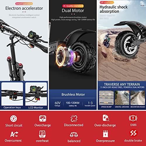 HWWH Electric Scooter Adult Powerful Off Road E Scooter Foldable Dual Motor Dual Suspension Disc Brake 11in Vacuum Tubeless Tire 60V 33AH Large Capacity Lithium Battery