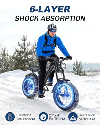 Riding'times 1500W Winter Moped Style Ebike, 20 Inch Fat Tire Electric Bike, Up to 28MPH & 75 Miles, 6-Layer Full Suspension, 15.6AH Removable Battery, Mountain Snow E Bike