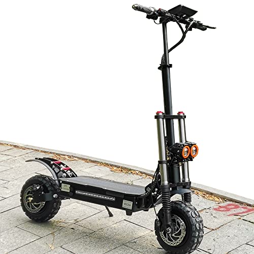 HWWH Offroad Electric Scooter Adult Fast Folding E Scooters High Power Dual Motor Twist Grip Throttle 11" All Terrain Tubeless Vacuum Tire Dual Suspension Disc Brake 60V 38Ah Lithium Battery