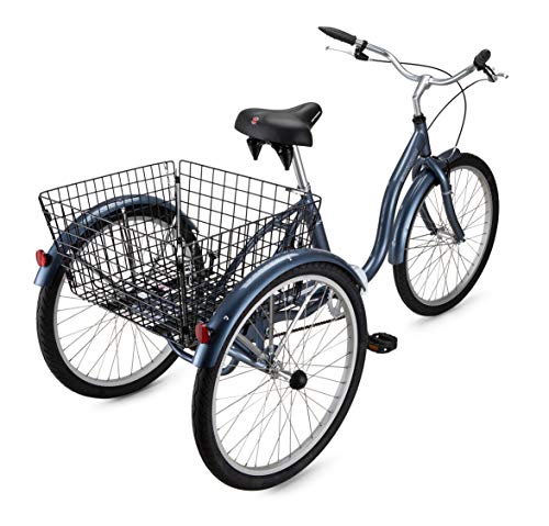 Schwinn Meridian Adult Tricycle Bike, Three Wheel Cruiser, 24-Inch Wheels, Low Step-Through Aluminum Frame, Adjustable Handlebars, Large Cruiser Seat, Rear Folding Basket, 1-Speed, Slate Blue