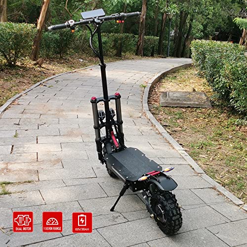 HWWH Offroad Electric Scooter Adult Fast Folding E Scooters High Power Dual Motor Twist Grip Throttle 11" All Terrain Tubeless Vacuum Tire Dual Suspension Disc Brake 60V 38Ah Lithium Battery