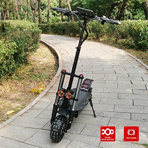 HWWH Offroad Electric Scooter Adult Fast Folding E Scooters High Power Dual Motor Twist Grip Throttle 11" All Terrain Tubeless Vacuum Tire Dual Suspension Disc Brake 60V 38Ah Lithium Battery