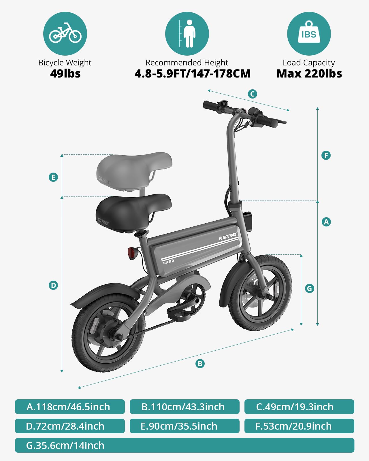 Gotrax Nano 14" Folding Electric Bike, Max Range 25Miles(Pedal-Assist) & Max Speed 15.5Mph, Power by 250W Motor, Adjustable Seat & Dual Fenders, Commuter Electric Bicycle for Adults/Teens Gray