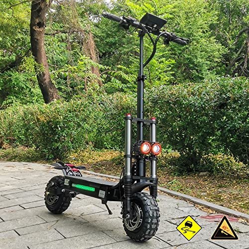 HWWH Offroad Electric Scooter Adult Fast Folding E Scooters High Power Dual Motor Twist Grip Throttle 11" All Terrain Tubeless Vacuum Tire Dual Suspension Disc Brake 60V 38Ah Lithium Battery