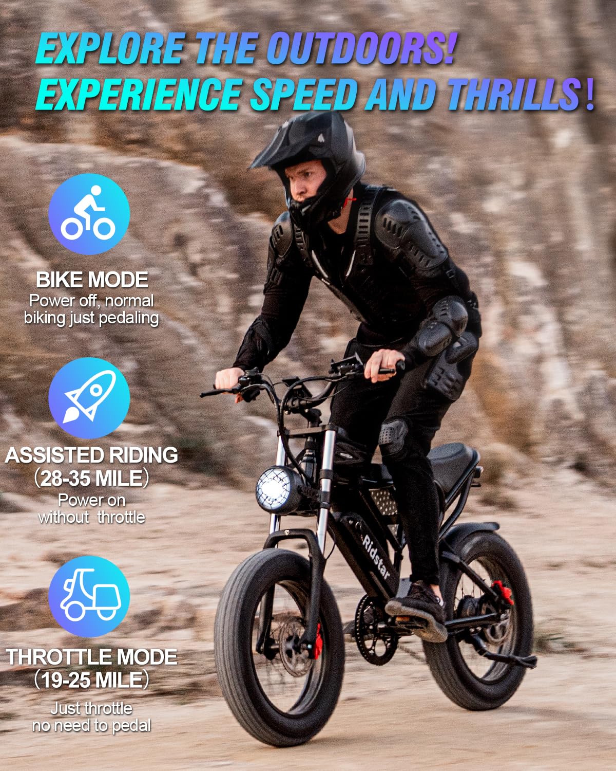 Ridstar Electric Motorcycles for Adults, 1000W 13AH 25MPH Max 35Miles Ebike,20'' Fat Tire Dirt Bike, Bicicleta electrica para adultos