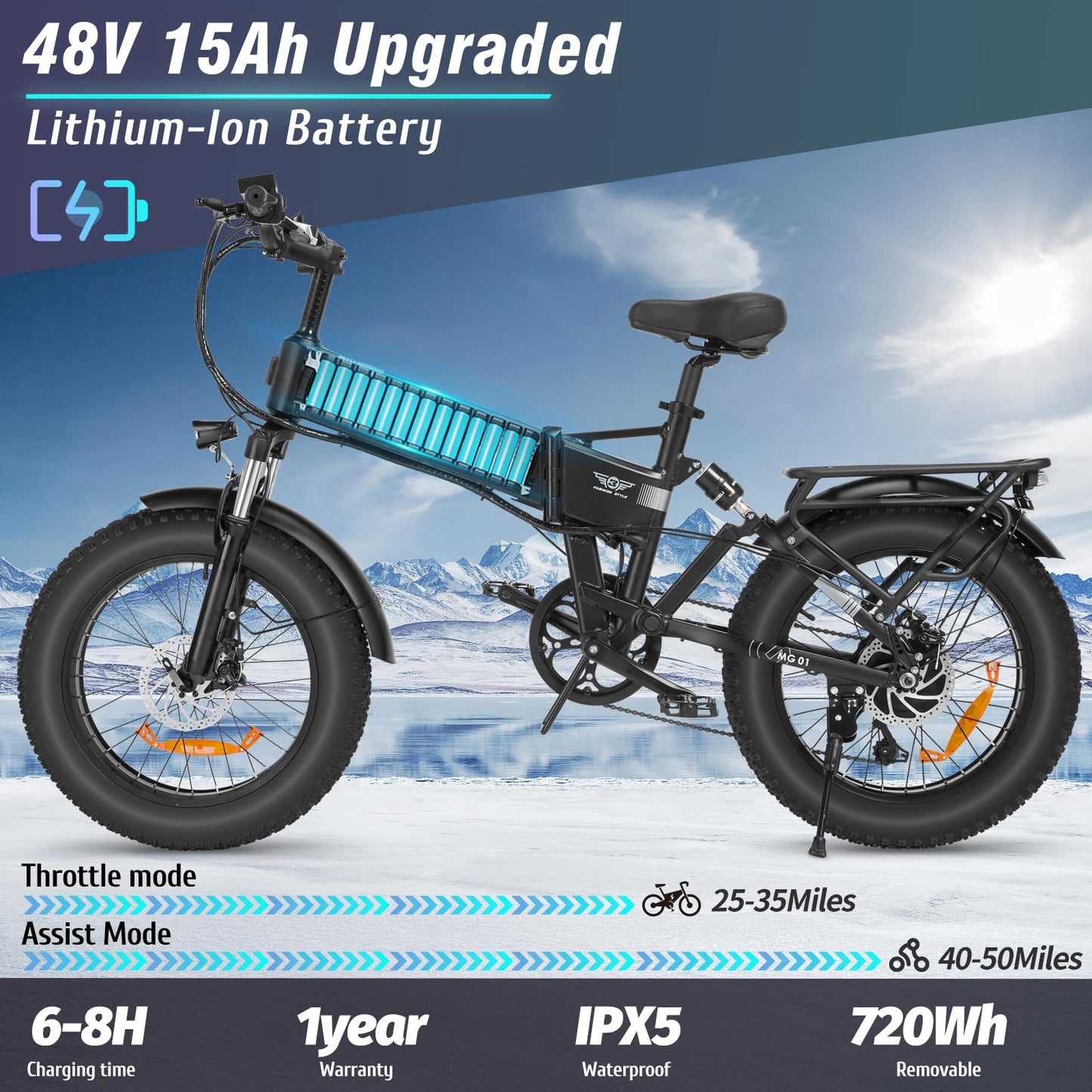 1200W Electric Bike for Adults, 28MPH Foldable Ebike, 20'' X 4.0 Fat Tire Beach Mountain Bikes 48V 15AH BMS Battery Adult Electric Bicycles 7-Speed Dual Suspension